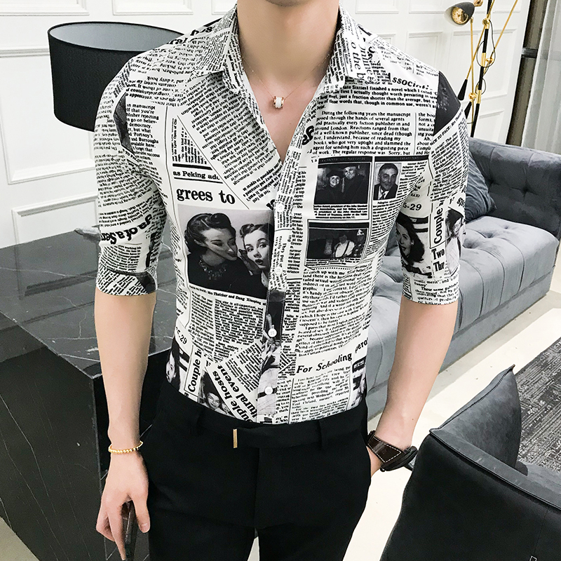 

2021 New Club Male Outfit Summer Fashion Designer Newspaper Print Manner Mid Fine Men's Shirt M-5xl Clothes 4mfh, Long sleeve you if