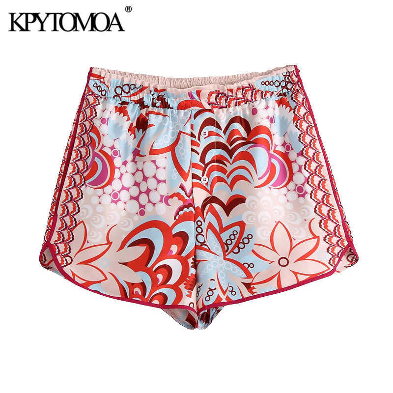 

KPYTOMOA Women Chic Fashion With Buttons Floral Print Shorts Vintage High Elastic Waist Side Vents Female Short Pants Mujer 210611, As picture