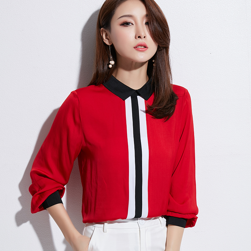 

2021 New Primavera De Manga Comprida Feminina Gola Quadrada Meninas Em Linha Reta Magro Chiffon Camisa Das Senhoras Topos Chemise 7x7y, Red