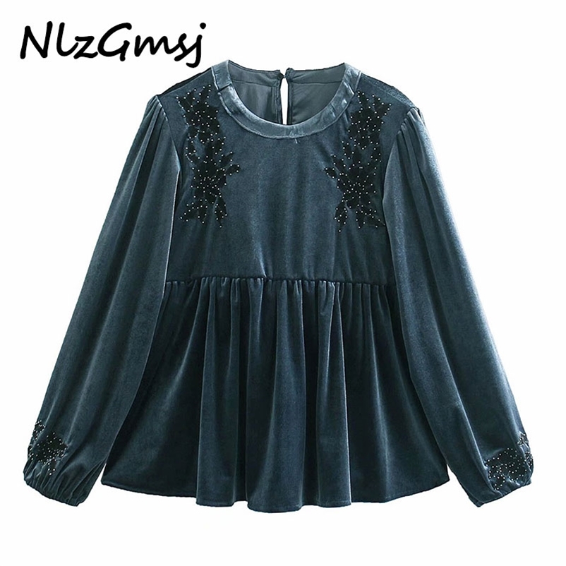 

Blouse Women Spring Flower Embroidery Beading Velvet Shirt Long Sleeve Chic Female Tops 210628, As picture