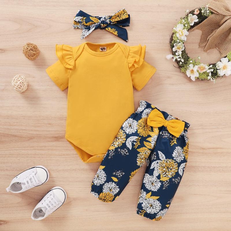 

Clothing Sets Born Baby Girls Clothes Infants Girl Short Sleeve Bodysuit + Floral Pants+Headband 3pcs Outfits Toddler Set, White