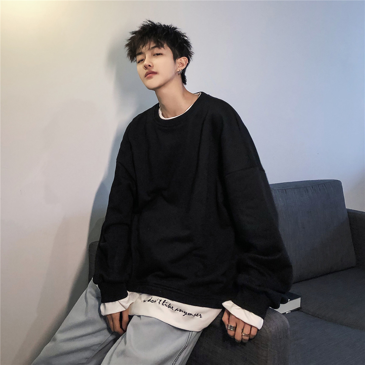 

2021 New Spring Men's Fashion Clothes Full Cotton Pullover False Two Piece Coats Round Neck Hoodies Casual Loose Sweatshirts M-xl Aw20, Apricot