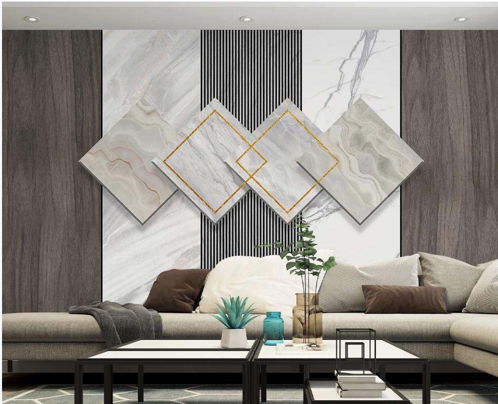

Modern light luxury marble wallpapers wood grain combination geometric wallpapers three-dimensional sofa living room background wall, Brown