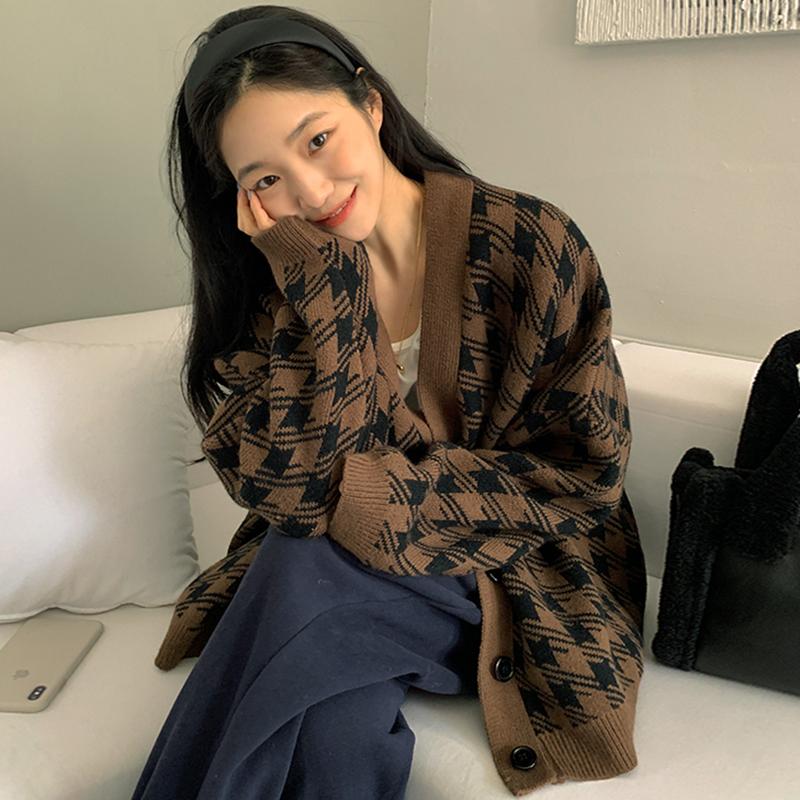 

Women's Jackets Woman Jacket Korean Fashion Chic Autumn Retro V-neck Loose Knit Cardigan Casual Long-sleeved Houndstooth Sweater Coat, Photo color