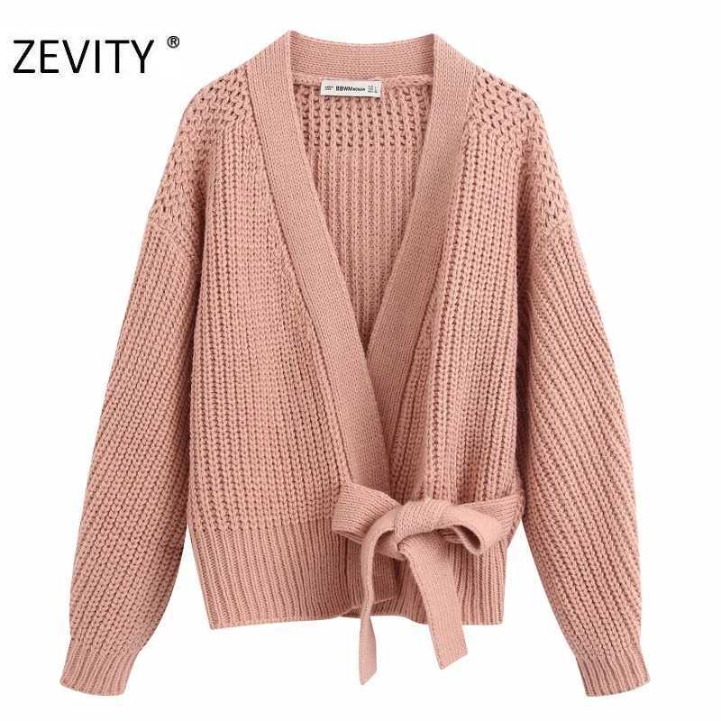 

ZEVITY women fashion cross v neck solid color casual knitting cardigan coat female bow tied kimono coats chic tops CT581 210603, Bb ct581g