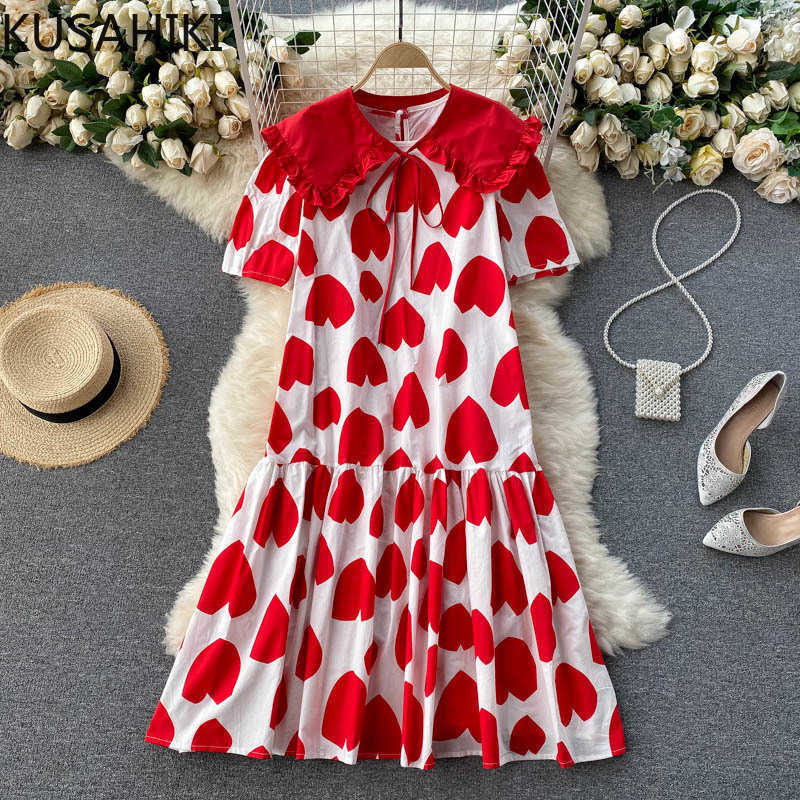 

Sweet Tie Peter Pan Collar Dresses Women Korean Love Heart Printed Dress Short Sleeve Ruffle Patchwork Vestido 6G595 210603, Purple