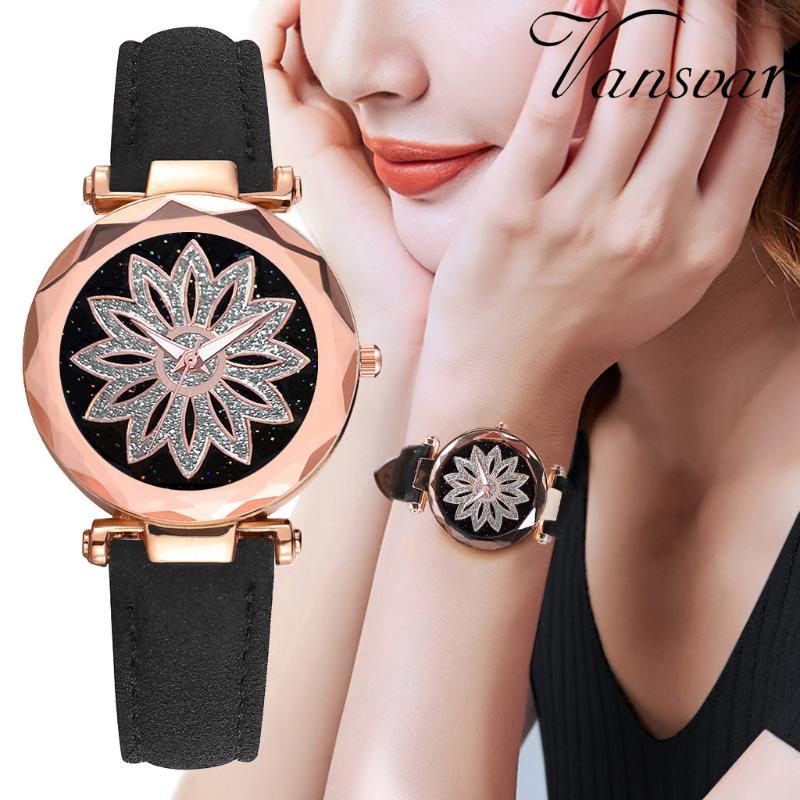 

Wristwatches Fashion Vansvar Sleek Minimalist Flower Rotating Dial Belt Ladies Quartz Watch Gift Wristwatch Clock Luxury Dropship#8