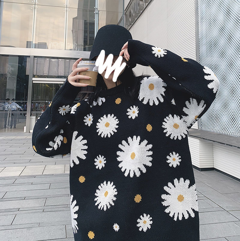 

2021 New Korean Flower Sweater Men's Warm Fashion Casual O-neck Knitted Pullover Men Wild Loose Knitting Sweaters Mens Clothes -2xl 5wzu, Black