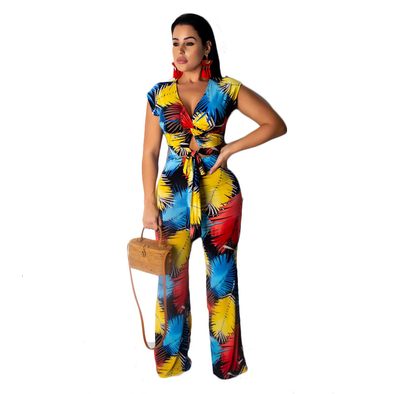 

2021 New Contrast Color Leaves Print Women 2 Piece Suit Sexy v Neck Short Sleeve Lace Up Crop Top+casual Full Pants Big Size Set 5pt6, Blue