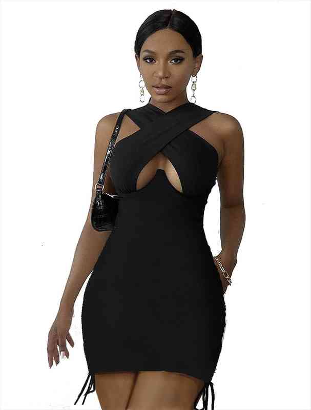 

womens summer dress front criss cross dresses sleeveless solid color cutout crop party club streetwear lady bustier dress, Black;gray