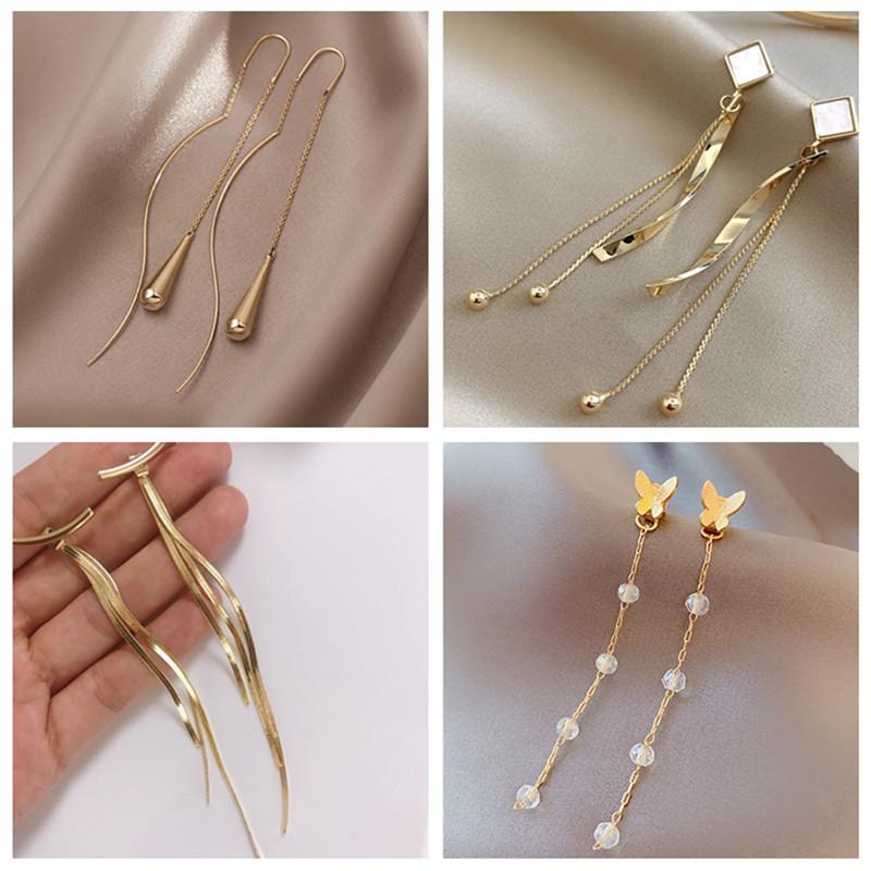 

Dangle & Chandelier Vintage Gold Color Bar Long Thread Tassel Drop Earrings For Women Glossy Arc Geometric Korean Fashion Jewelry Hanging Pe, Silver