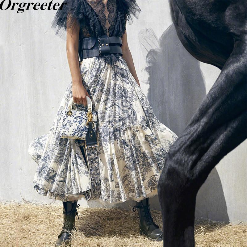 

Runway Design Long Maxi Skirts Womens Summer Ink totem forest animals Print Ruffled Pleated, Blue