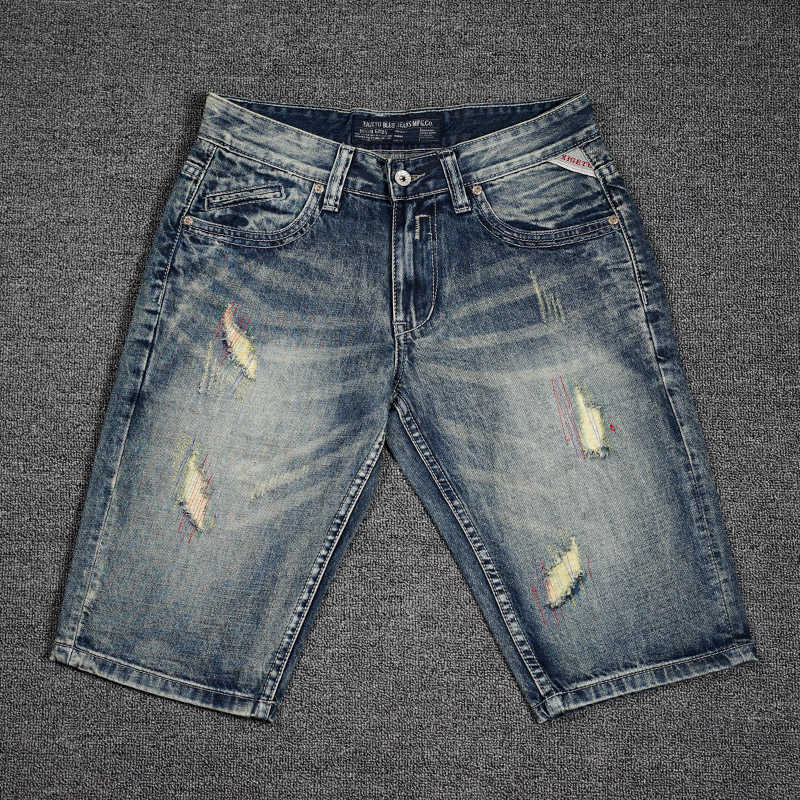 

Italian Style Fashion Men Jeans High Quality Retro Blue Destroyed Ripped Denim Shorts Summer Streetwear Designer Short PTFQ