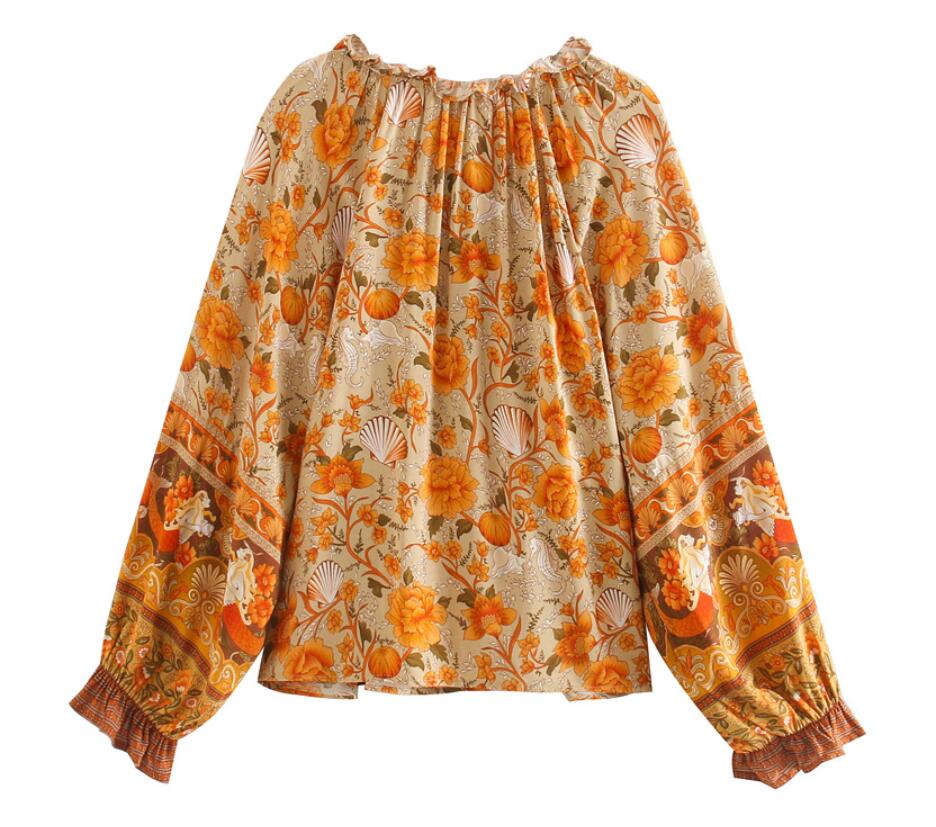 

2021 Bohemian Orange Floral Print Pullover Shirt Ethnic Women Bell Bow Lace Up Wood ears neck Long Sleeve Pullover Blouse Tops, Red