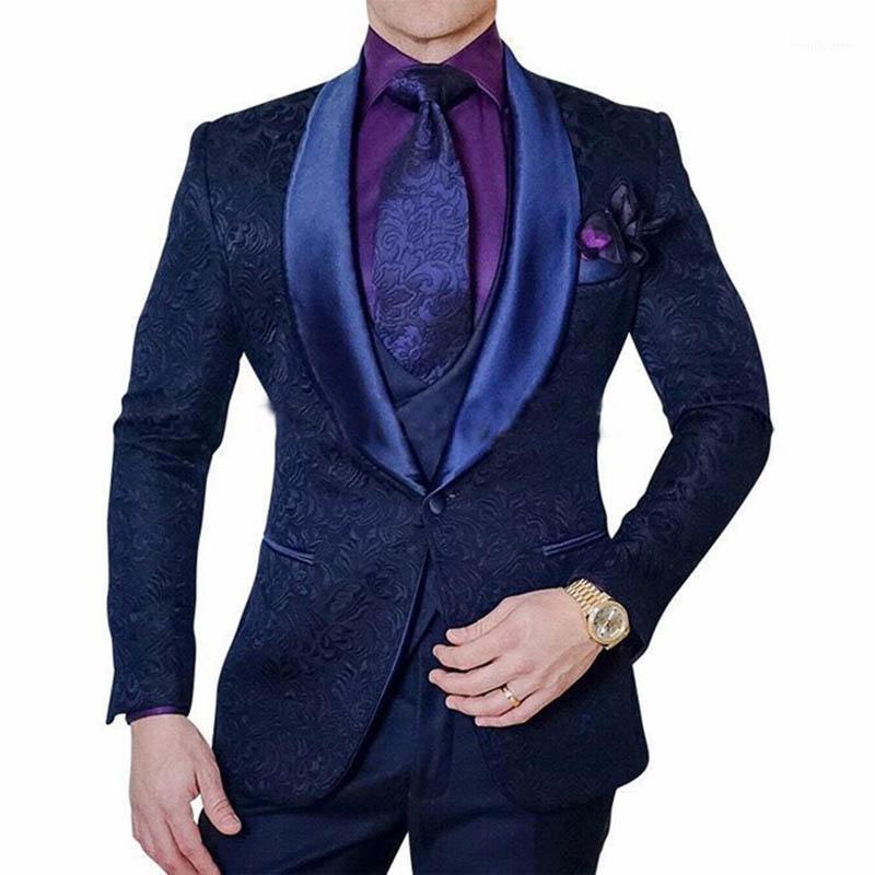 

Navy Blue Men Suits With Pants 3 Pieces Paisley Jacket Tuxedo 2021 Suit For Wedding Groom Smoking Terno Masculino Slim Fit Men' & Blazers, As the image