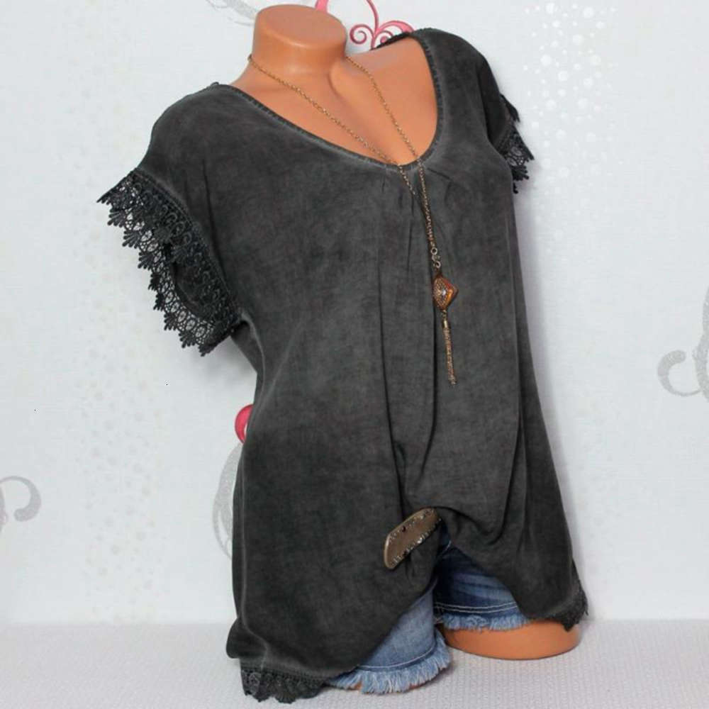 

Summer new cut back stitching lace round neck short sleeve T-shirt blouse, Black
