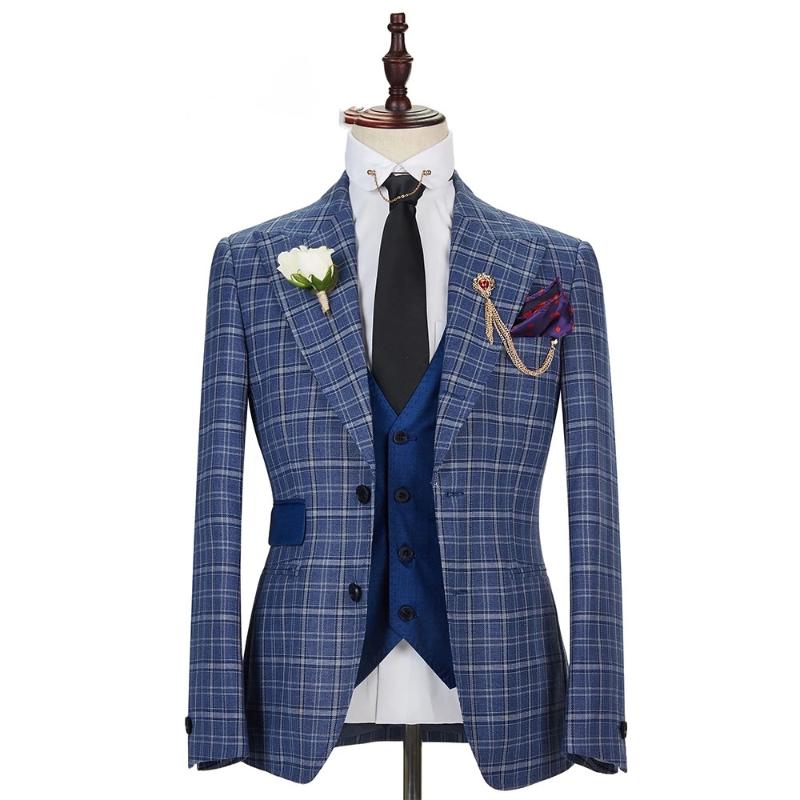 

Men's Suits & Blazers 2021 Fashion Men Suit Vest Pants Tailor-Made Plaid 3 Pieces Slim Fit Blue Grey Checked Wedding Party Costume, As picture