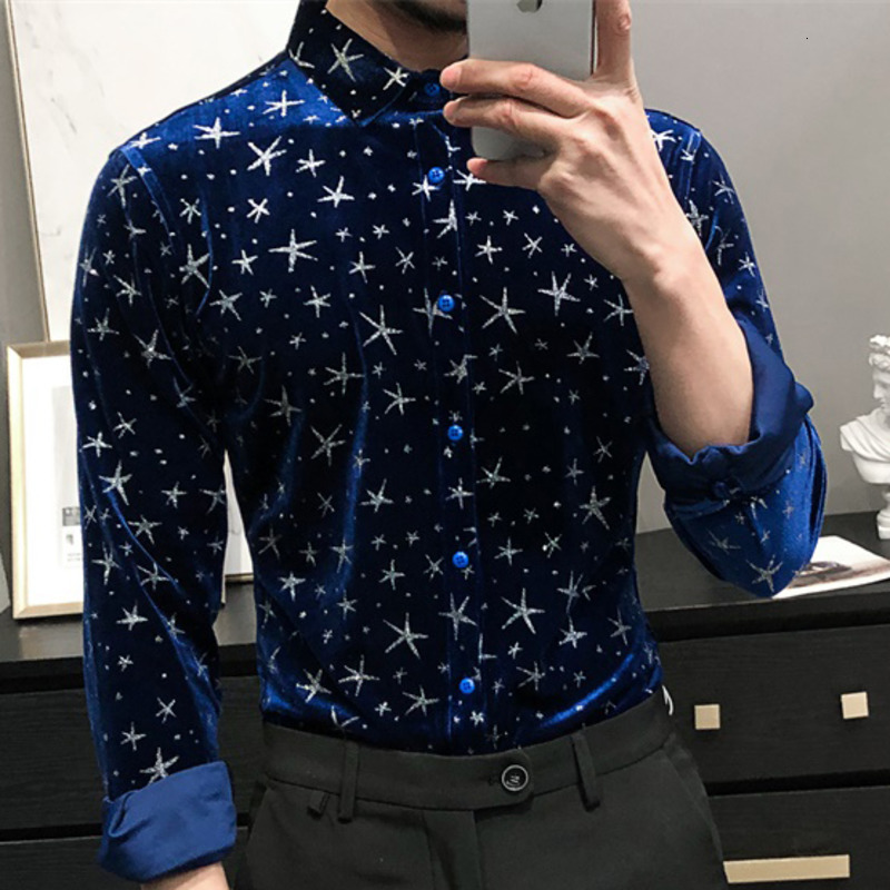 

2021 New Tuxedo Camiseta Masculina Korean Clothes Veet Streetwear Fashion Star Mens Casual Slim Fit Men Shirt 3vse, Blue