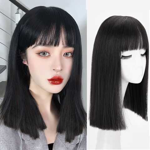 

Mengfei Wig Women's Net Red Straight Air Bangs Medium Long Natural Lisa Short Hair Headgear, Black