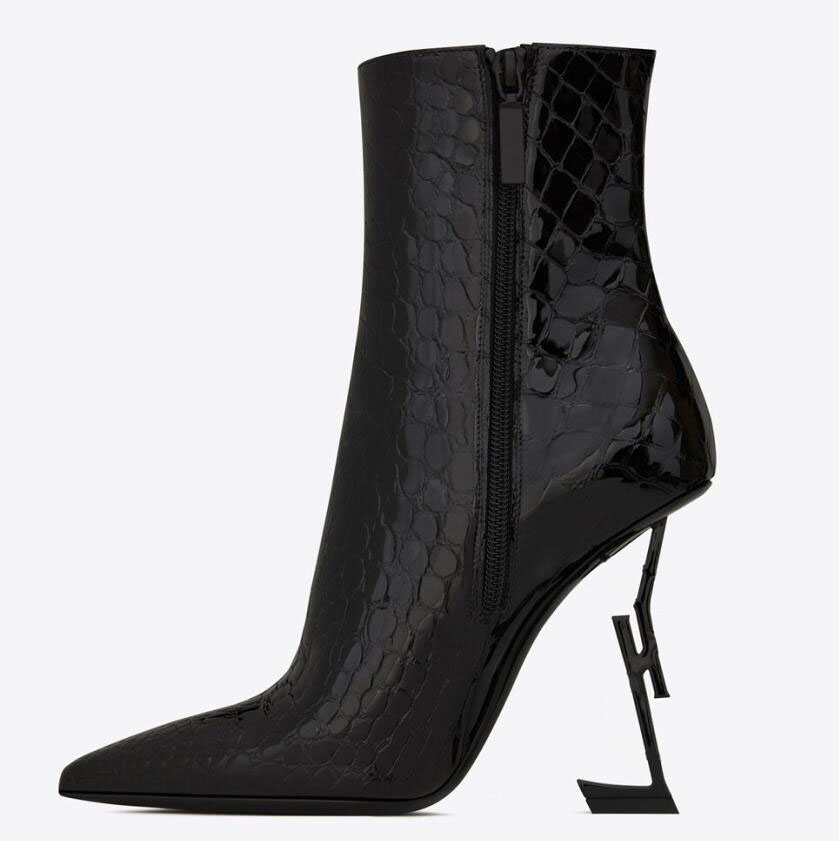 

New OPYUM Booties In Alligator-Embossed Patent Leather With Black Heel Snake Heels Boots Pointed Toe Letters High Heels Pumps Ladi256M, Red