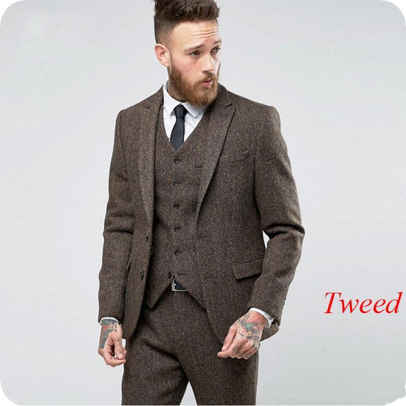 

Men's Suits & Blazers 2021 Vintage Brown Herringbone Tweed Men Wedding For Man Bridegroom Groom Wear Blazer Slim Fit Custom Made Tuxedo, Beige