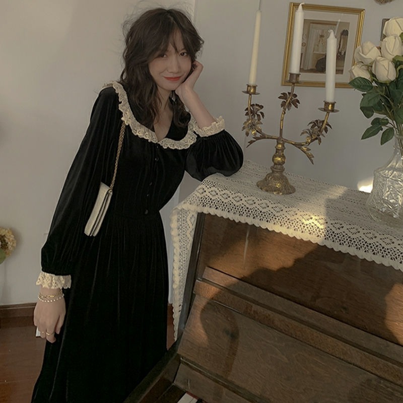 

Vintage Velvet Dress Women French Black Velvet Dress Peter Pan Collar Long Sleeve Palace Elegant Midi Dress Retro 2021, Black;gray