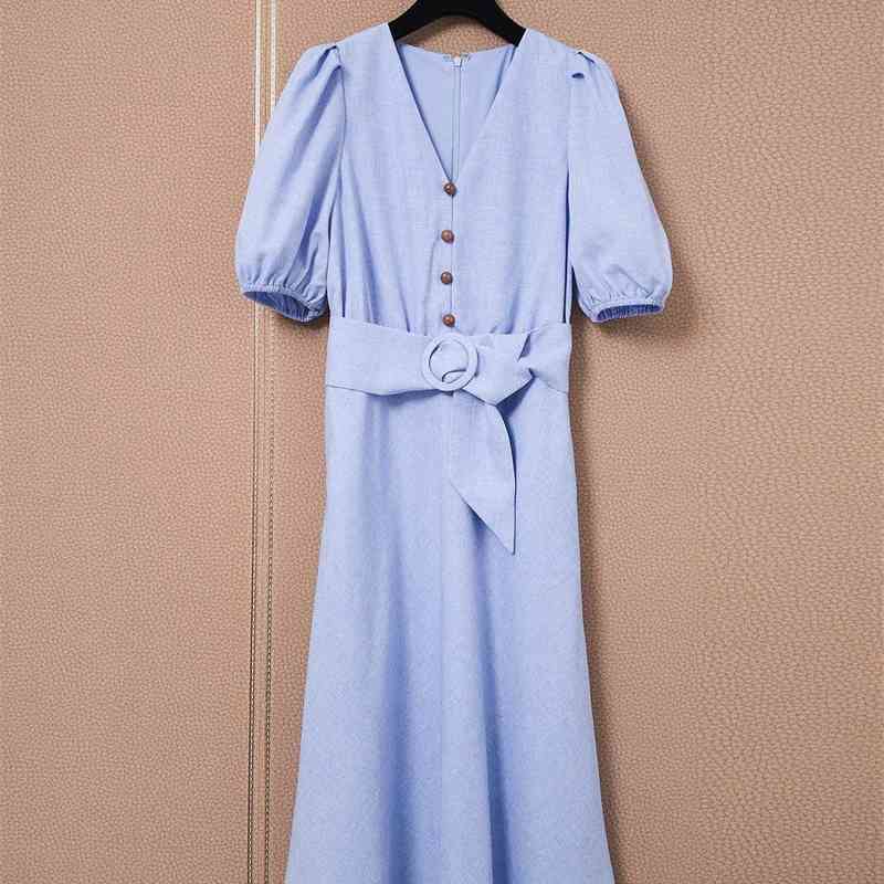 

Truevoker Summer Runway Fashion Sky Blue Cottagecor Lady Cocktail Gown Women Puff Sleeve Tied Waist Pocket Midi Long Dress 210602