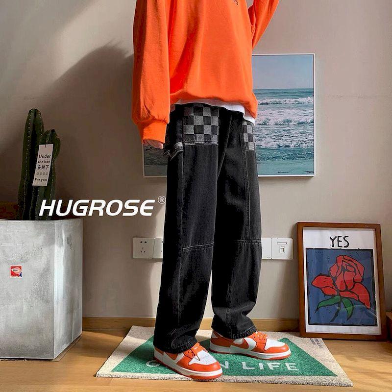 

Men' Jeans Baggy Oversized Autumn Winter Retro Plaid Wide-leg Pants High Waist Black Loose Trend All-match Trousers Men Women Bottoms