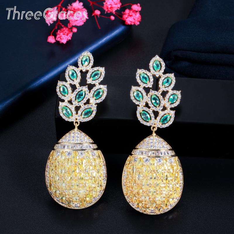 

Dangle & Chandelier ThreeGraces Luxury Yellow Green Cubic Zirconia Long Big Leaf Shape Drop Earrings For Women Wedding Party Jewelry ER617, Silver