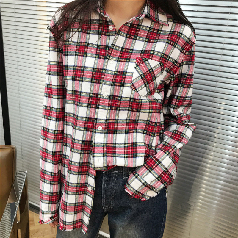 

2021 New Turn-down Collar Shirt Women Cotton Loose Plaid Single Breasted Fringed Blouse Top with Pocket Os6s, Black