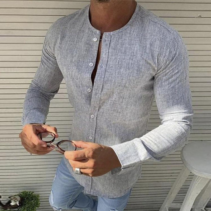 

2021 Vintage Solid Color New Autumn Long Sleeve Cotton Linen Shirt Mens Casual Slim Fit Shirts for Men Koszula Qd4q, Blue