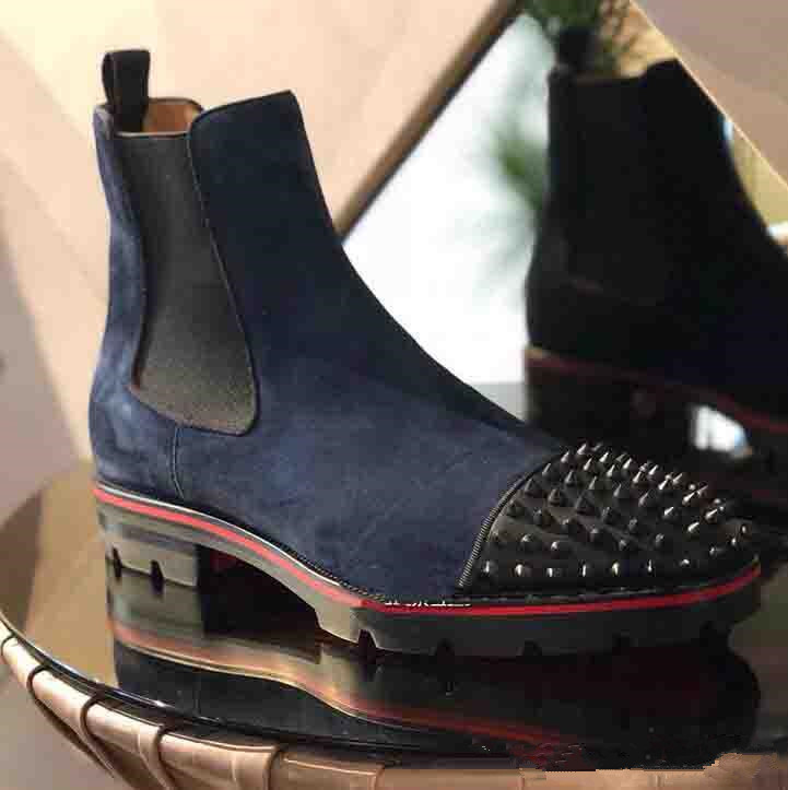 

Fashion Top Luxury Men Boots Red Bottom Men Ankle Boots Low Heels Genuine Leather Suede With Rivets Melon Spikes Flat Short Knight Boot, Black