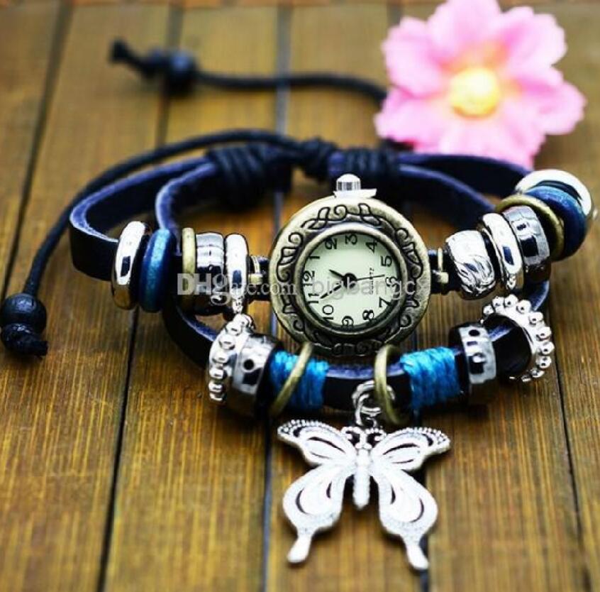 

NEWEST Weave Rope Butterfly Pendant charm women watch Black Genuine Leather trundle hoop Bracelet Watches vintage Indian Retro wristwatch