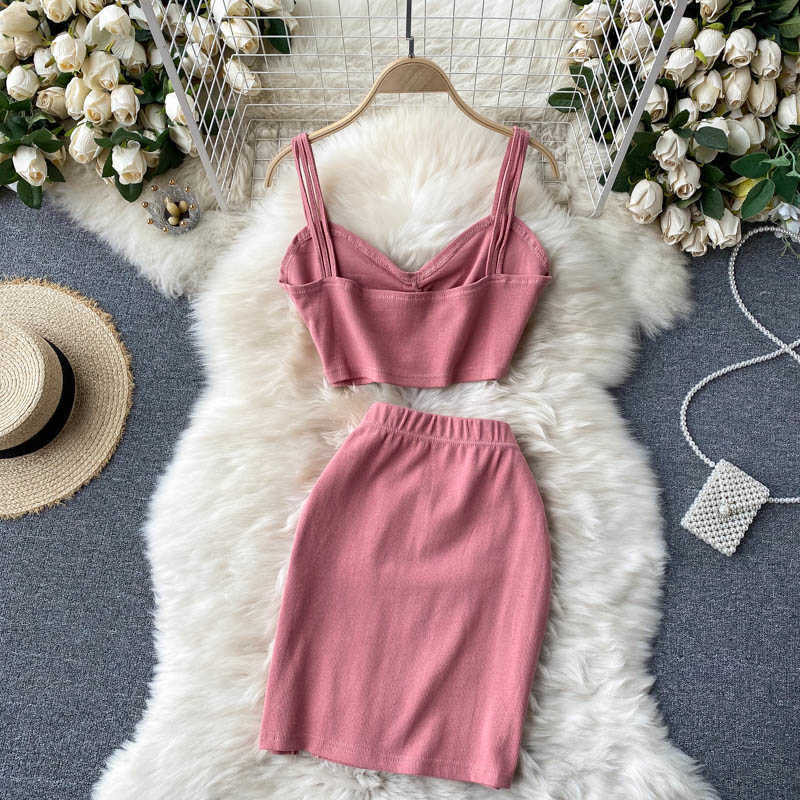 

DEAT Women Two Piece Set Knitted V-neck Open Back Camis High Waist Buttocks Skirt Slim Fashion Spring Summer 11B534 210709, Navy blue