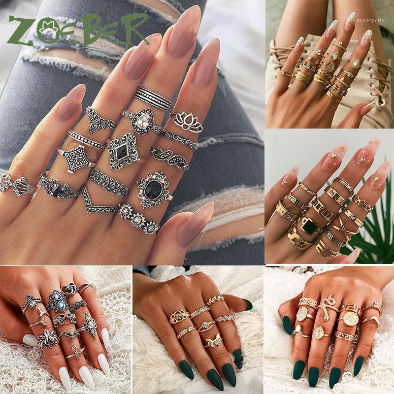 

Cluster Rings Set Bohemian Vintage Gold Crescent Geometric Joint Ring For Women Crystal Design Party Jewelry1