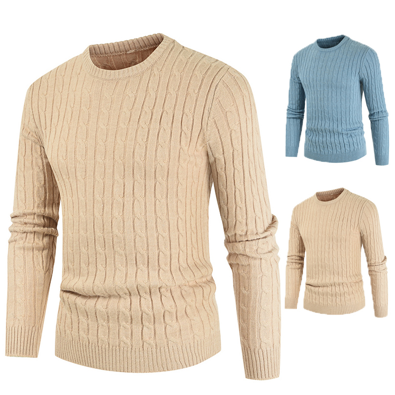 

Men's sweater autumn and winter solid color round neck Crochet Pullover fashion leisure youth top, Blue