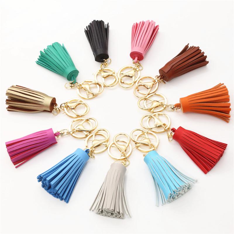 

Keychains Fresh Pink Blue White Colorful 6cm PU Leather Tassel Pendant Key Chain Auto Car Ring Unisex Gift Jewelry
