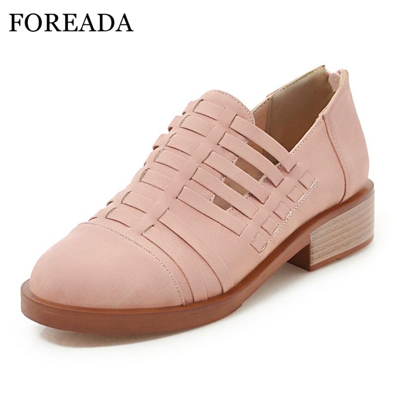

FOREADA High Heels Women Shoes Cutout Chunky Low Heels Casual Shoes Zipper Round Toe Pumps Female New Spring Pink Big Size 33-43, Beige