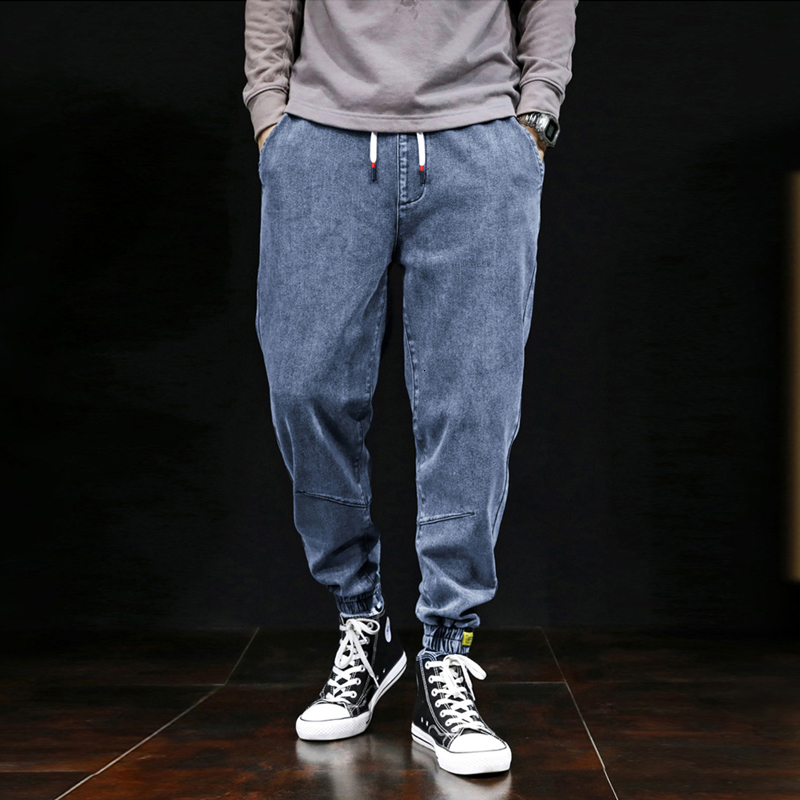 

2021 New Autumn Winter Fashion Men Jeans Japanese Style Loose Fit Elastic Cargo Pants Hombre Denim Harem Trousers Vintage Designer Slack Bot, Black gray