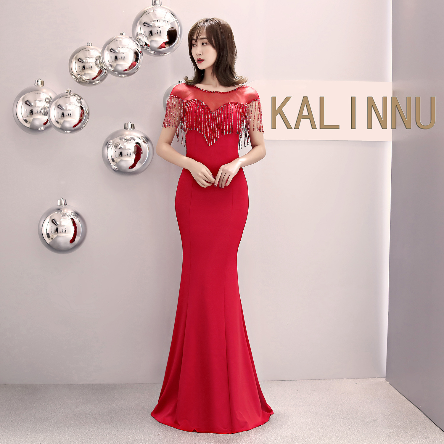 

Women Red Elegant Formal Evening Beading Tassel Party Prom Dress Bride Toast Fishtail Gowns 4bnn, Burgundy