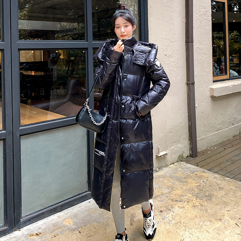 

2021 New Women's X-long Thick Parkas Shinny Hooded Epaulet Ladies Solid Casual Winter Jacket Pockets Black Color Female Outwear 4iu1