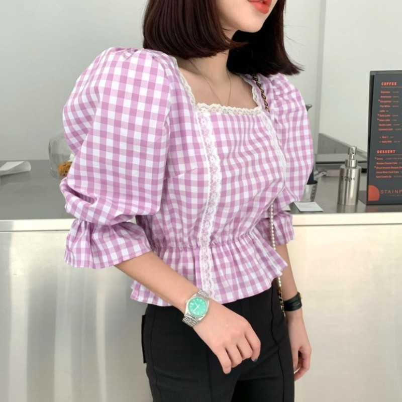 

Vintage Sweet Plaid Casual Shirt Female Summer Women Puff Sleeve Blouses Femme Blusas Korean Chic Fashion 210526, Photo color