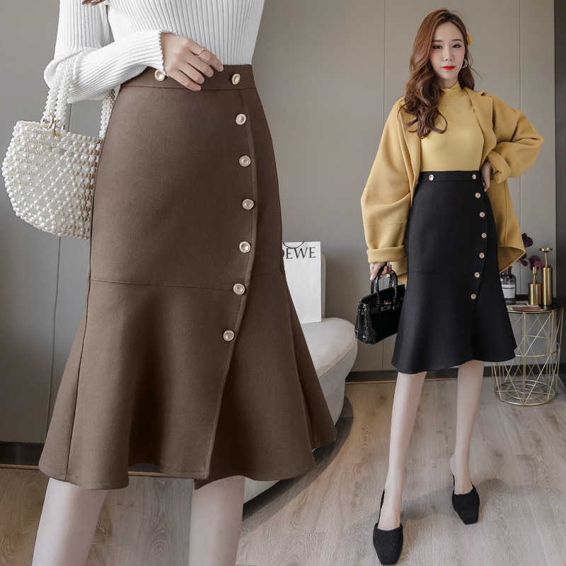 

Korean Style Woolen Fishtail Bag Hip Skirt Autumn and Winter Products Women'  Thickened Professional One-step 210527