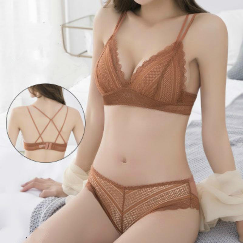 

Bras Sets Sexy Lace Wire Free Women Lingerie Set Push Up Bra And Panty Cross Beauty Back Underwear Brasier Mujer, Caramel bra