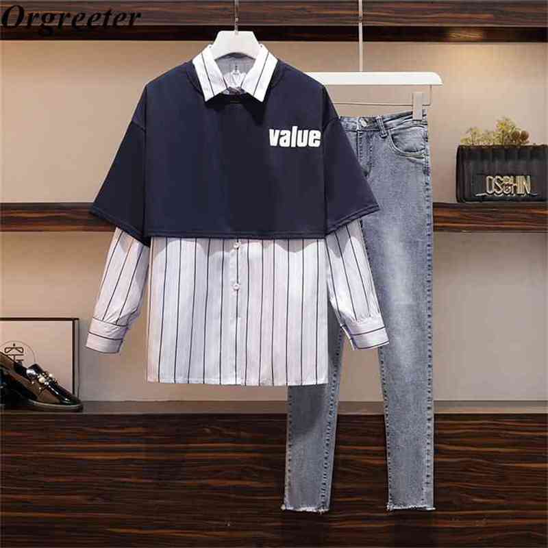 

Casual 3 Piece set Autumn Hedging shawl and Single-breasted Striped Shirt Pencil Denim Pants Suits Women 210602, Only shirt