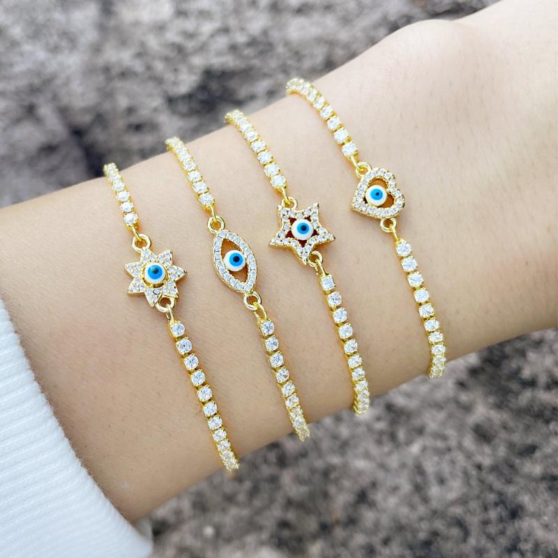 

Charm Bracelets EYIKA Exquisite Enamel Blue Evil Eye Turkish Tennis Bracelet For Women Girl Flower Heart Star Lucky Zircon Gold Bangle, Golden;silver
