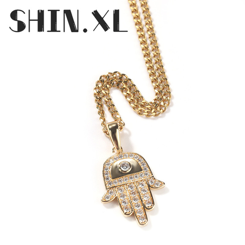 Hip Hop Iced Out Zircon Palm Eye Necklace Pendant Gold Silver Plated Mens Bling Jewelry Gift