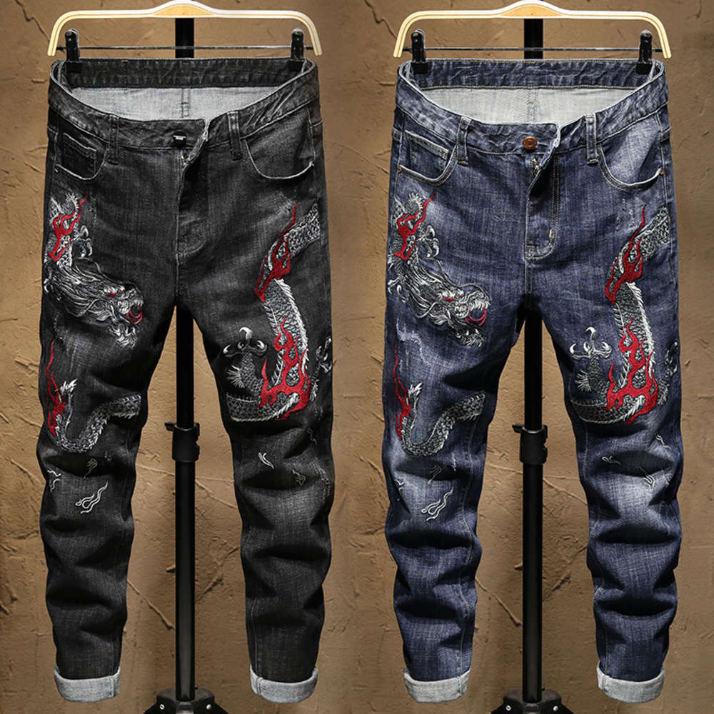 

Autumn winter dragon embroidered jeans men's elastic slim feet personality fashion brand long pants printingwinter, Blue