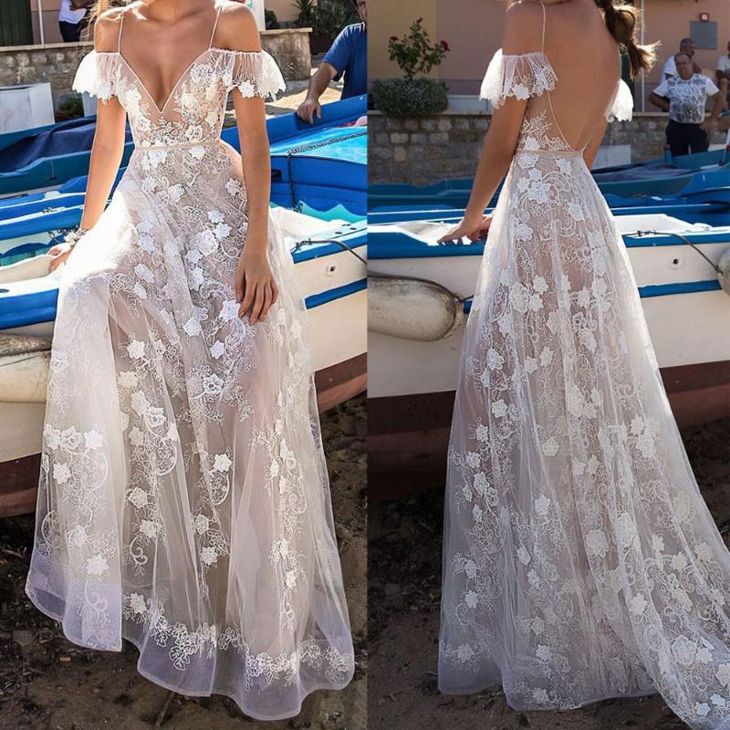 

Women Lace Dress Deep-V Neck Solid Sleeve Back Hollow Long Party Elegant Dresses, White