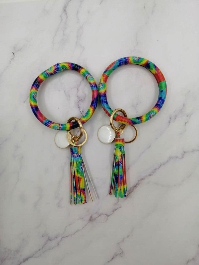 Tie Dye Bracelet Keychain PU Leather tassel bracelet keychains Tie-Dyed Round Leather tassel Bangle O Key ring-image-657308755